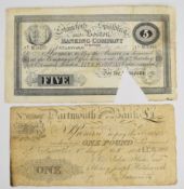 Dartmouth General Bank 1822 £1 banknote and Stamford, Spalding & Boston Bank 1905 £5 (cancelled)