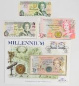 Four Jersey and Guernsey commemorative banknotes including a Guernsey £20 commemorating Queen