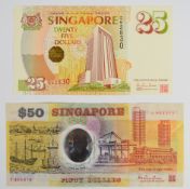Two Singapore commemorative banknotes comprising a 1990 $50 commemorating the 25th Anniversary of