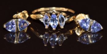 A 9k gold ring set with three marquise cut tanzanites and diamonds (1.1g, size L) and a pair of 9k