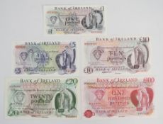 Five Northern Ireland Bank of Ireland (Belfast) 1980s banknotes comprising £1, £5, £10, £20 and £