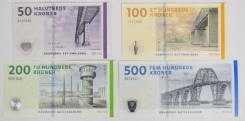 Four Denmark 2010-16 banknotes comprising 50, 100, 200 and 500 Kroner