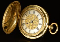 J W Benson 18ct gold full hunter pocket watch with blued hands, black Arabic numerals, gold