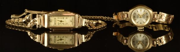 Two 9ct gold ladies wristwatches, J W Benson with gold hands, Arabic numerals, silver dial and 17