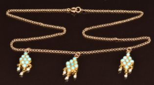 A 9ct rose gold chain with three drop pendants set with turquoise and pearls, 5.4g, 40cm