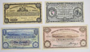 Four Isle of Man pre-1961 banknotes including 1936 Isle of Man Bank £5 and 1950 Martins Bank £1
