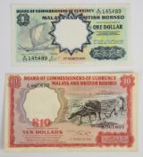 Two Malaya & British Borneo banknotes comprising 1961 $10 (small serial number prefix) and 1959 $1