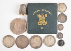 Approximately 63g of pre1920 silver coinage and a Festival of Britain 1951 Crown