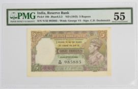 India 1943 King George VI 5 Rupees banknote, PMG graded 55 'About Uncirculated'