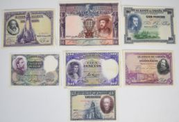 Seven Spain 1925-31 Republic issue banknotes including 1925-dated (1936) 1000 Pesetas and 1931 50