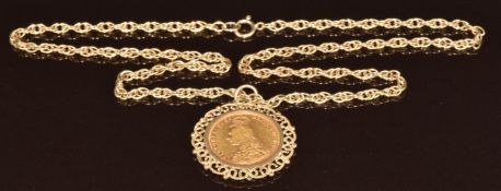Queen Victoria 1891 gold full sovereign in 9ct gold mount, on 9ct gold chain, 21.8g