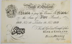 Bank of England 1919 E.M. Harvey white £5 banknote, London, 18th Nov. 1919