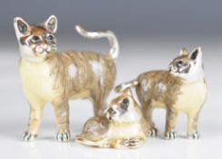 Three modern hallmarked silver and enamel cats, marks indistinct but maker MH, length of longest