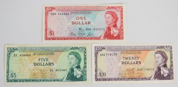 Three East Caribbean States 1965 issue banknotes including $1, $5 and $20