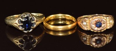 A 9ct gold ring set with paste and seed pearls (1.7g, size P, Chester 1893), yellow metal ring set