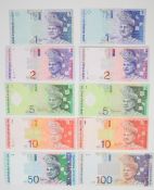 Ten Malaysia 1996-2000 ND issue banknotes including 100 Ringgit signed Zeti Akhtar Aziz (2001)
