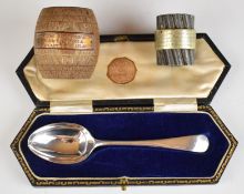 Cased hallmarked silver spoon, length 14cm, weight 28g, Mauritania deck souvenir and a section of