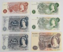Five Bank of England J.S. Fforde Series C banknotes, including 'split prefix' £5 and Goebel press '