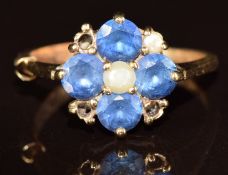 A 9ct gold ring set with sapphires and pearls (three missing), 2.5g, size N