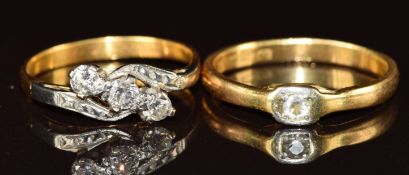An 18ct gold ring set with a diamond (Birmingham 1938, 2.8g, size M) and a yellow metal ring set