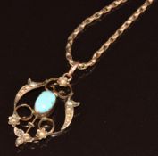 Edwardian 9ct gold pendant set with a turquoise cabochon and split pearls, on 9ct rose gold chain
