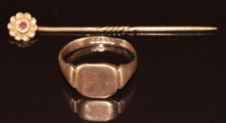A 9ct rose gold signet ring (4.7g, size T, Birmingham 1921) and a stick pin with 9ct gold top