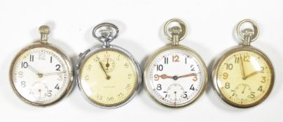 Four military keyless winding open faced pocket watches including a Waltham stopwatch, each with