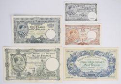 Five Belgium 1930-48 banknotes comprising 5, 20, 100, 500 and 1000 Francs, the 100, 500 and 1000