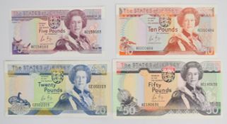 Four Jersey 1989 issue banknotes including £5, £10, £20 and £50, all signed by Leslie May. The £20