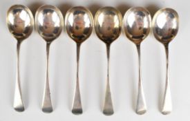 Set of six George V hallmarked silver Old English pattern soup spoons, Sheffield 1920, maker
