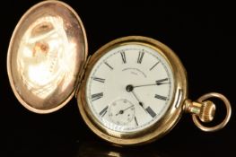 Waltham gold plated keyless winding full hunter pocket watch with inset subsidiary seconds dial,