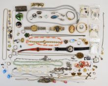 A collection of jewellery including Stradlings Cirencester watch, quartz beads, silver chain,