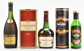 Three bottles of spirits comprising Remy Martin Fine Champagne Cognac VSOP 40% vol 68cl, Courvoisier