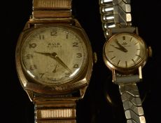 Two 9ct gold wristwatches, Avia with subsidiary seconds dial, gold hands and Arabic numerals, silver