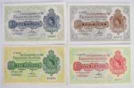 Four Falkland Islands 1974-82 banknotes comprising 50p, £1, £5 and £10
