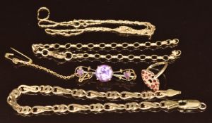 Two 9ct gold bracelets, 9ct gold ring (damaged), 9ct gold chain and amethyst brooch, 16.2g