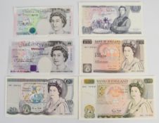 Six Bank of England G.M. Gill Series D/E banknotes, including A01 (first prefix) Series E £20 and