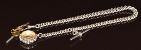 A silver Albert / watch chain with compass fob set with agate, 52g, 33cm