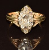 Victorian ring set with rose cut foiled diamonds in a marquise shaped setting, 4.3g, size O
