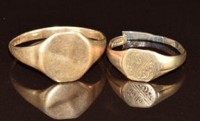 Two 9ct gold signet rings, 2.7g, size R (one damaged and cut)