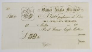 Malta Anglo-Maltese Bank £50 Sterling dated 18xx, unissued remainder