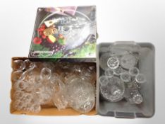 Two boxes of 20th century glass ware, vases, decanters, drinking glasses,