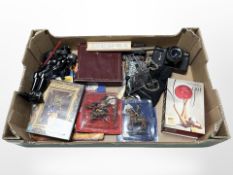 A box of various collectables, Zenit EM camera, vintage rule, model canon,