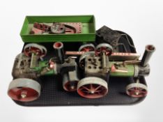 Two Mamod steam tractors and a wagon