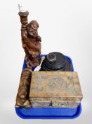 A Chinese carved hardwood figural lamp base, miniature camphorwood blanket box,