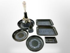 A 1970's Danish pottery lamp base with Greek key motif together with matching vase and six various