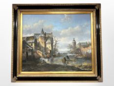 20th century Dutch School, Figures skating on ice, 60cm by 50cm.