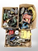 Three boxes of assorted power tools and saws etc