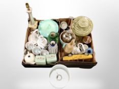 Two boxes of kitchen storage jars, lamp bases, contemporary ceramics,