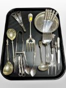 A set of five silver-handled butter knives and other silver plated cutlery, Apostle spoon,